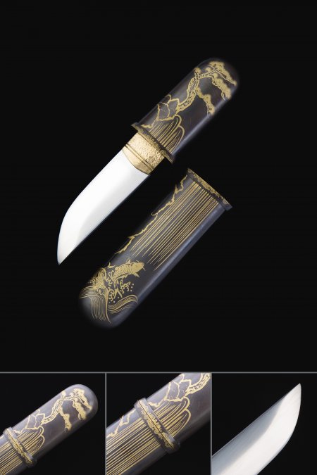 Handmade High Manganese Steel Koi Theme Short Japanese Aikuchi Pocket Tanto Knife