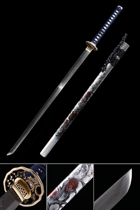 Handgemachtes Muster Stahlblume Tsuba Real Hamon Japanisches Ninjato Ninja Schwert Mit Silberner Scheide