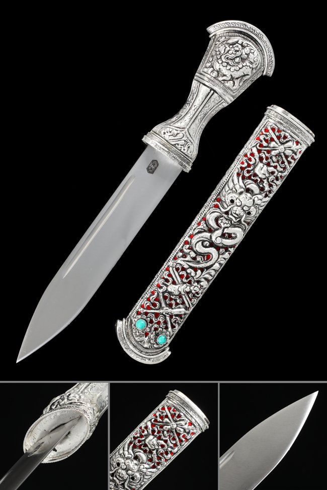 Chinese Tibetan Knife - Handcrafted Spring Steel Collectible With Silver Dragon Sheath & Gemstone Inlay