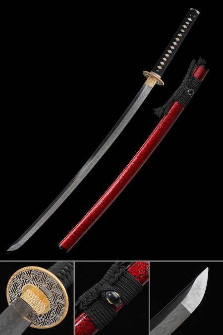 Handmade Japanese Samurai Sword T10 Carbon Steel With Red Saya