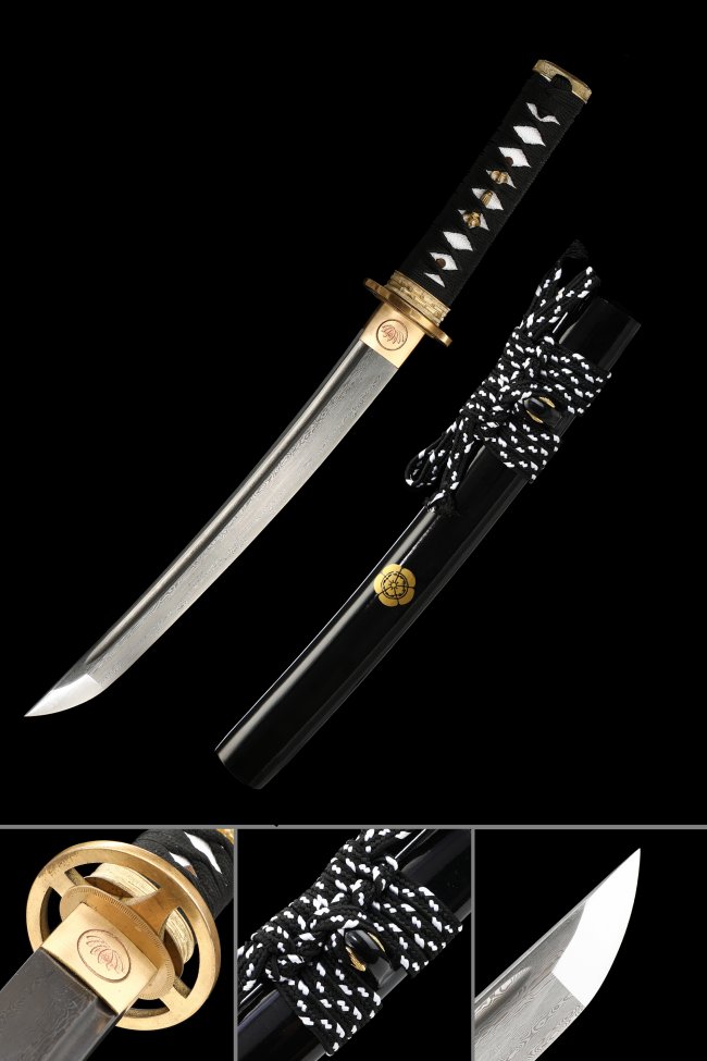 Damascus Steel Tanto with Black-White Cord Handle in Gold Alloy Tsuba - Full Tang Japanese Short Tanto