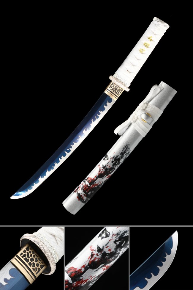 Manganese Steel Blue Flame Tanto with Hand-Painted Wolf Saya in White - Gold Tsuba Collectible Sword