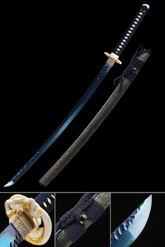 Dragon Tsuba 1095 Carbon Steel Katana, Handmade, Black Saya & Dark Blue Tsuka