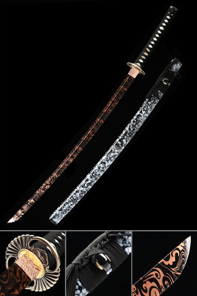 1045 Carbon Steel Katana with Clay-Tempered Chrome Blade in Copper Arabesque Saya with Gold Alloy Tsuba