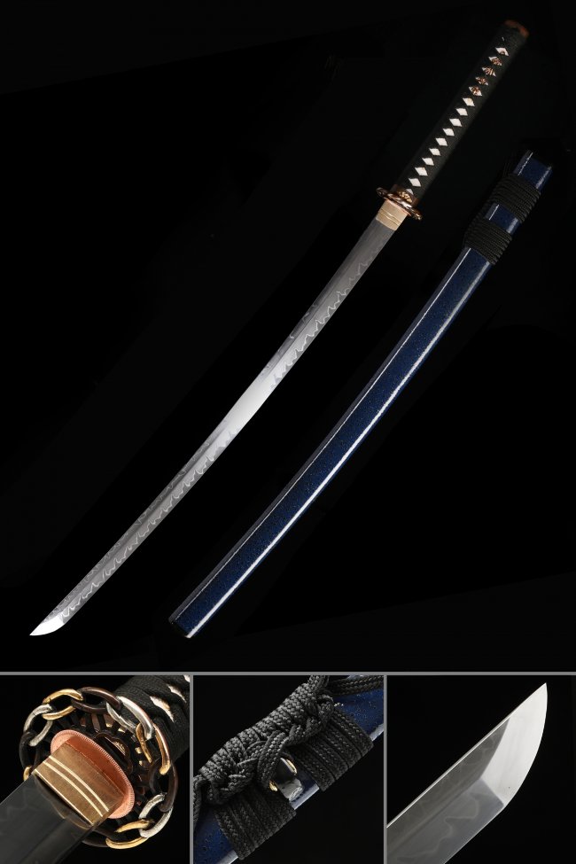 T10 Carbon Steel Katana with Blue Lacquer Saya - Gold Vine Tsuba, Black-White Tsuka Wrap