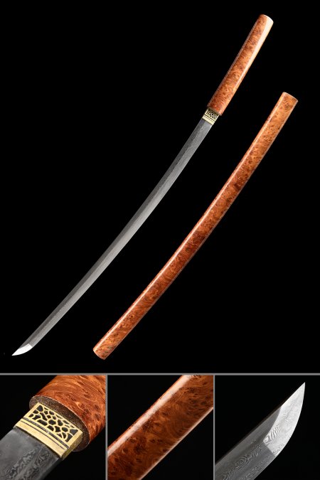 Damascus Steel Shirasaya Katana With Natural Hardwood Saya - Full Tang Collectible