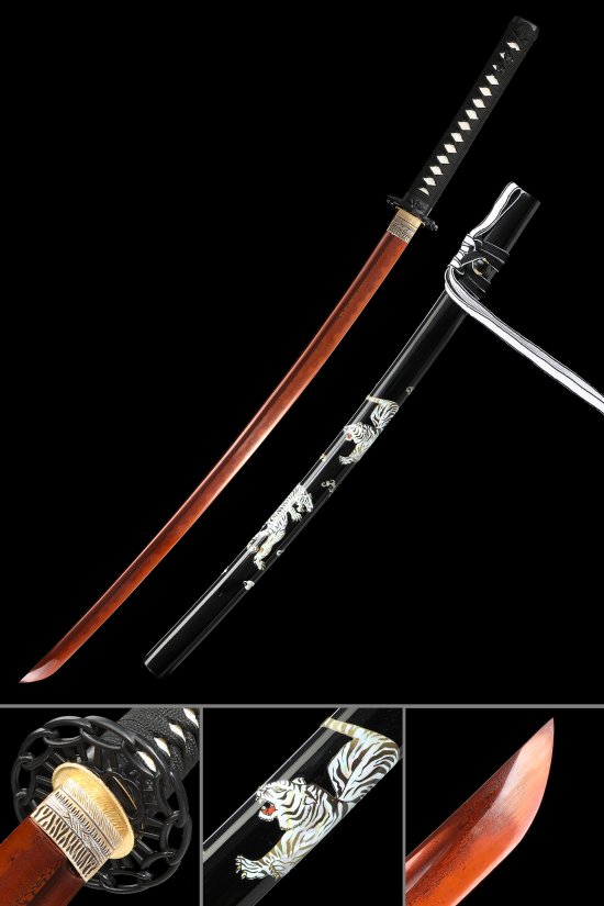 Damascus Steel Katana with Red Folded Blade - Black Lacquer Tiger Saya, Black-Gold Tsuba
