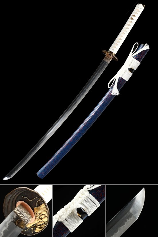 Oni Tsuba T10 Carbon Steel Katana, Full Tang, Hand Forged & Dark Blue Saya