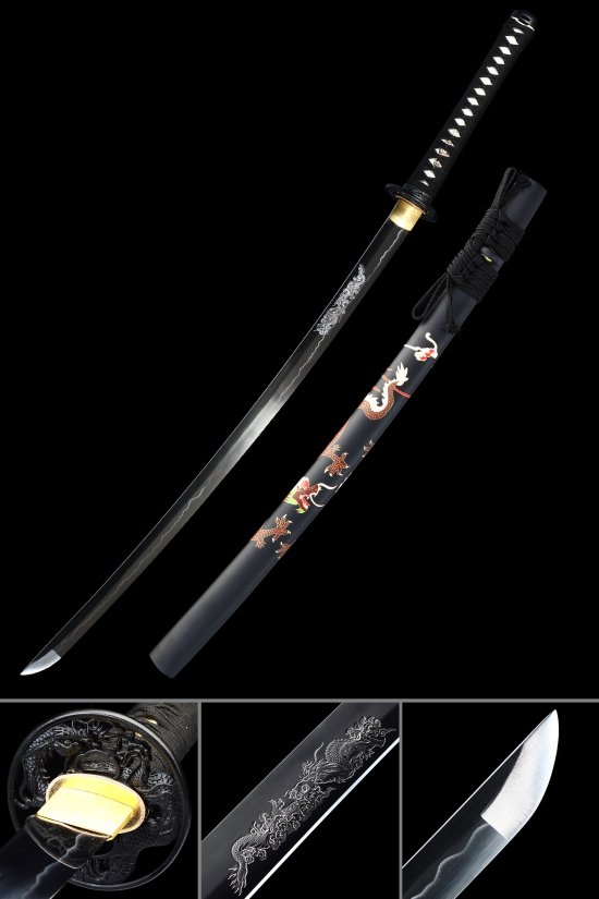 1090 Carbon Steel Katana with Dragon Engraved Blade, Black Lacquer Dragon Saya - Full Tang Japanese Sword