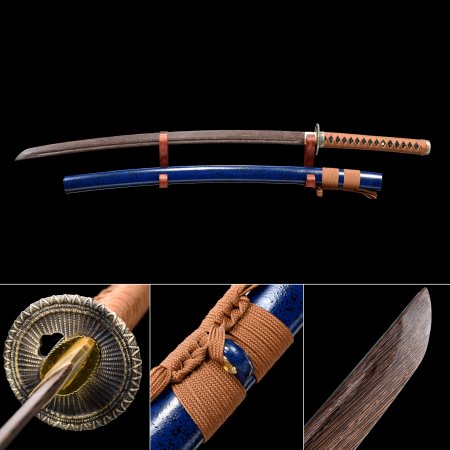Handmade Brown Wooden Blade Unsharpened Katana Sword With Blue Scabbard And Kirsite Tsuba