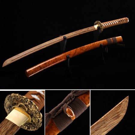 Handmade Japanese Wooden Katana Sword With Brown Blade And Orange Scabbard