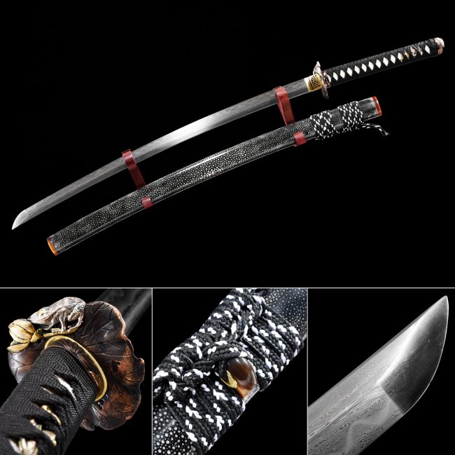 Damascus Steel Katana with Real Hamon, Rayskin Saya & Bronze Lotus Tsuba - Black-White Handle
