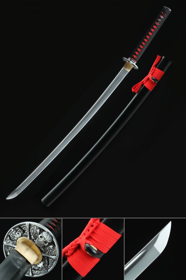 1065 Carbon Steel Full Tang Katana with Skull Tsuba in Black Saya and Red Sageo - Collectible Japanese Sword