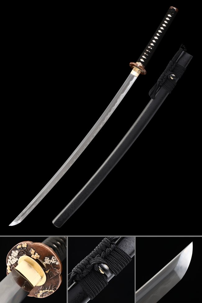 Cherry Blossom Tsuba Damascus Steel Katana, Real Hamon, Full Tang & Black Saya