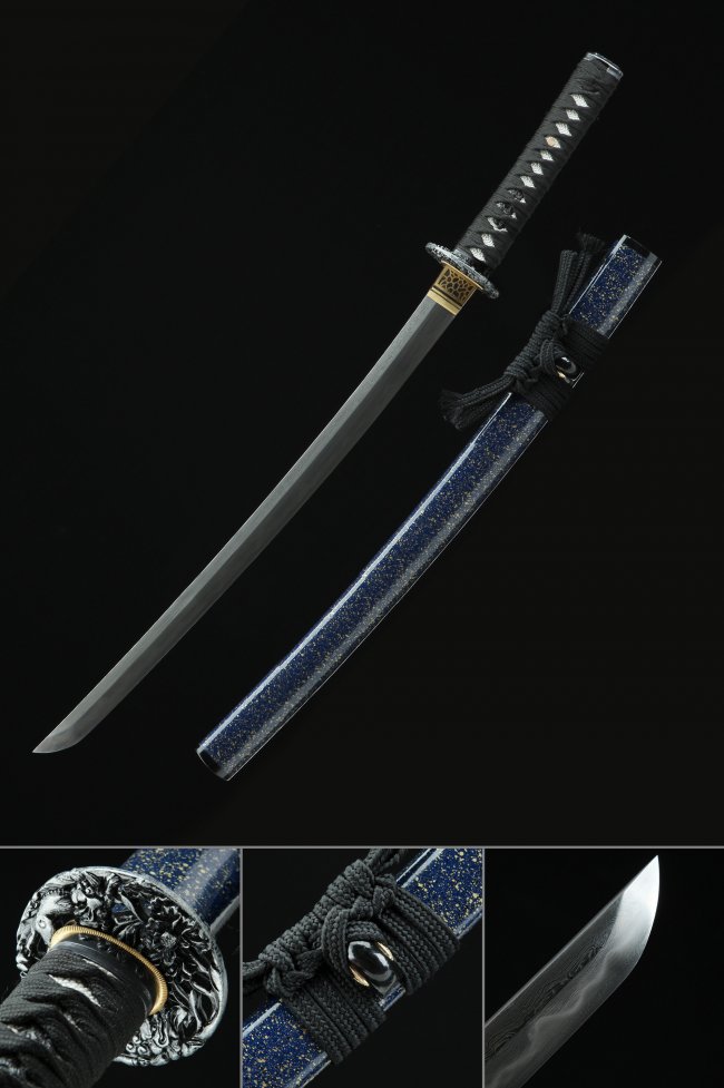 Damascus Steel Wakizashi with Real Hamon in Dark Blue Gold-Speckled Lacquer Saya - Dragon Tsuba