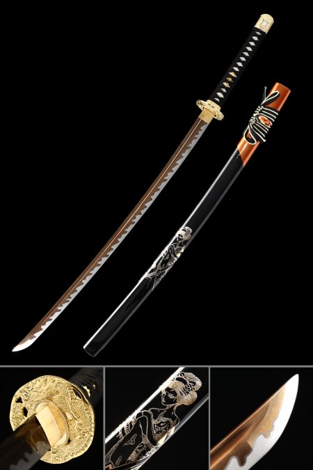 Samurai Sword, Handmade Japanese Samurai Sword 1045 Carbon Steel With Golden Blade