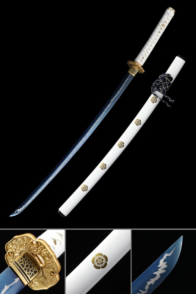 Blue Blade Katana in Manganese Steel with White Lacquer Saya and Gold Peony Tsuba