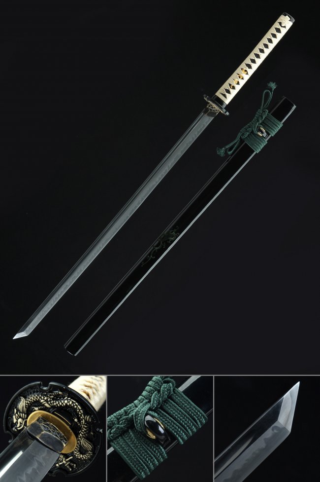 T10 Carbon Steel Chokuto Ninjato in Black Lacquer Saya with Dragon Tsuba & Green Sageo