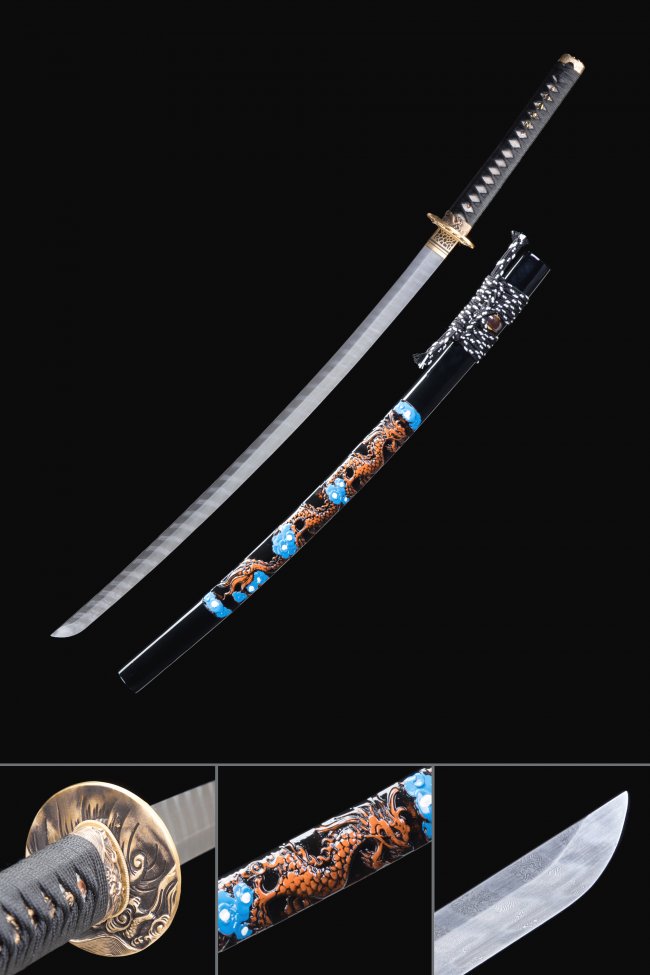 Damascus Steel Katana with Dragon Saya in Black Lacquer - Gold Demon Tsuba, Folded Pattern Blade