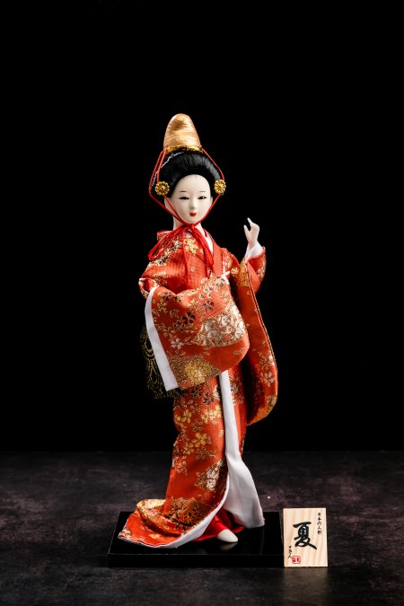 Japanese Geisha Doll  Sculpture With Red Kimono