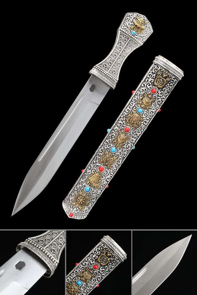 Silver Tibetan Knife - Handcrafted Spring Steel Collectible With Dragon Silver Sheath & Turquoise Gemstones