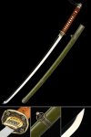 WW2 Shin Gunto Katana 1095 Carbon Steel Blade Green Leather Saya Brown Tsuka