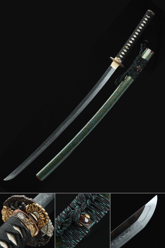 T10 Carbon Steel Katana with Hamon Blade, Chrysanthemum Tsuba in Teal Lacquer Saya