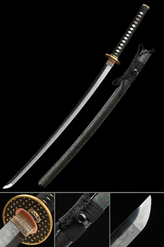 T10 Carbon Steel Full Tang Katana with Hamon Blade - Black Glitter Saya & Gold-Black Tsuba