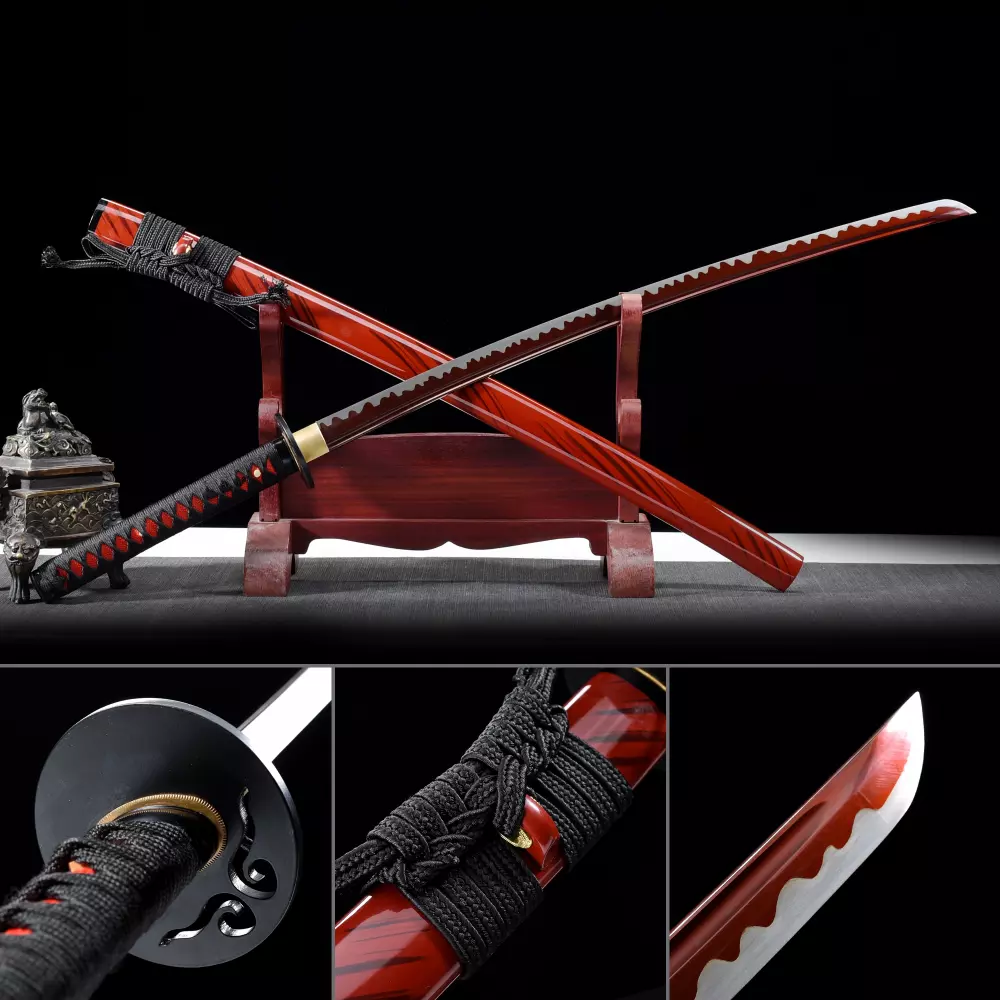 Handgemachtes Hochmanganstahl Echtes Japanisches Katana Samurai Schwert Mit Roter Scheide Truekatana