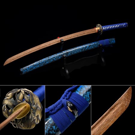Handmade Brown Wooden Blunt Unsharpened Blade Katana Sword With Blue Scabbard And Alloy Tsuba