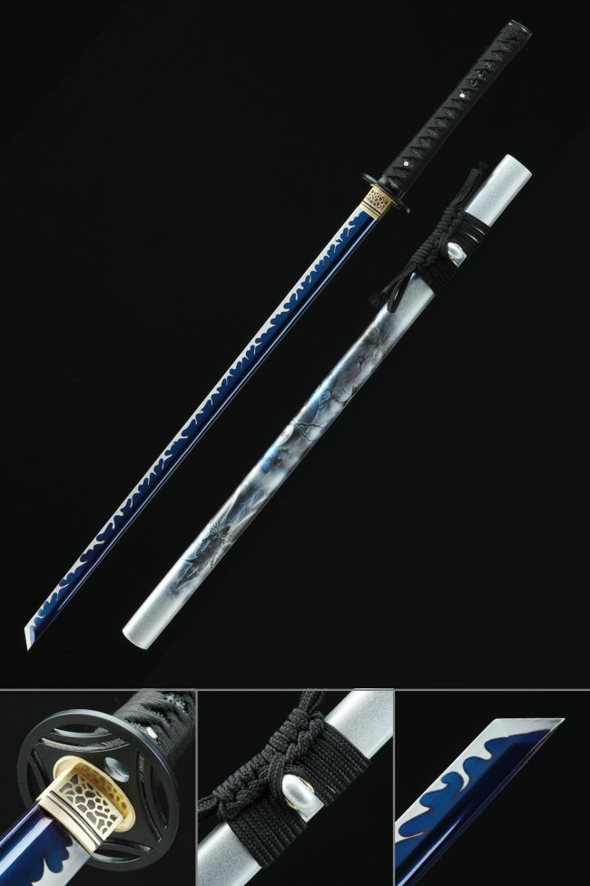 1095 Carbon Steel Ninjato with Blue-Silver Blade, Black Cord Handle & Dragon Saya