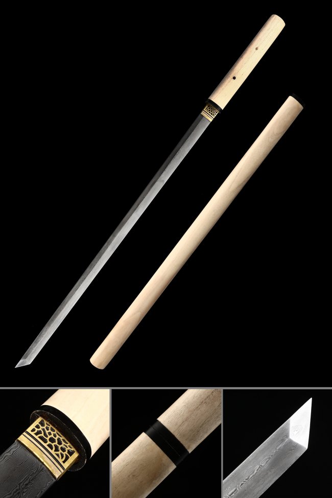 Damascus Steel Zatoichi Shirasaya Stick Sword - Natural Wood Saya, Gold-Black Tsuba, Full Tang