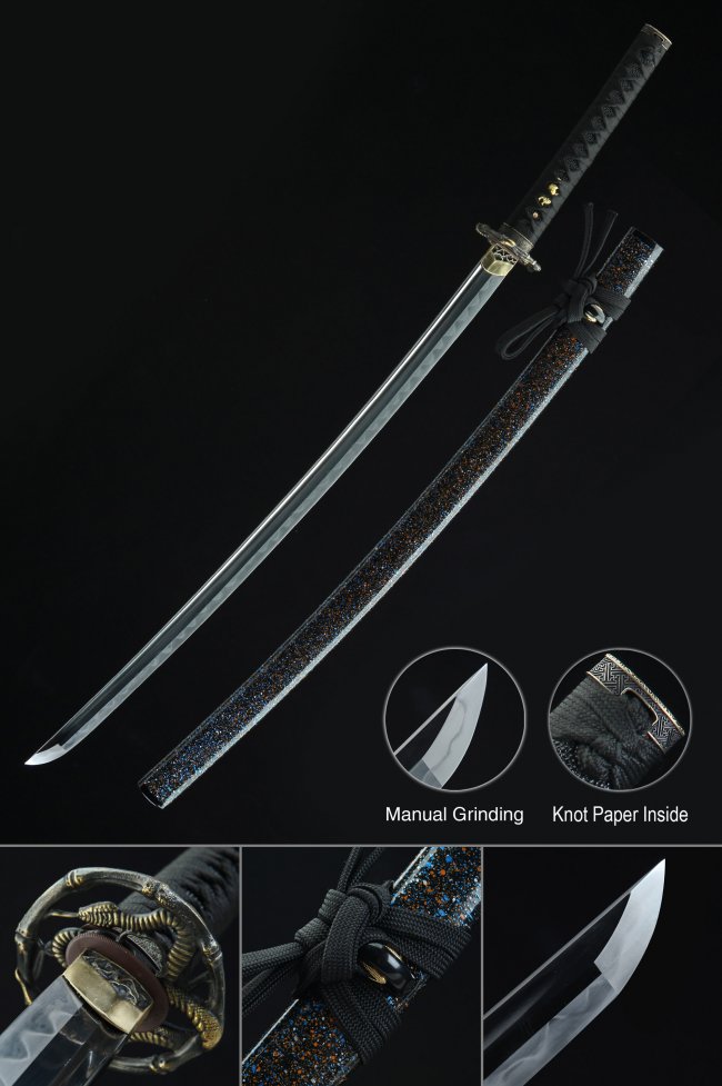T10 Carbon Steel Katana with Snake Bronze Tsuba in Blue Glitter Saya - Black Cord Handle