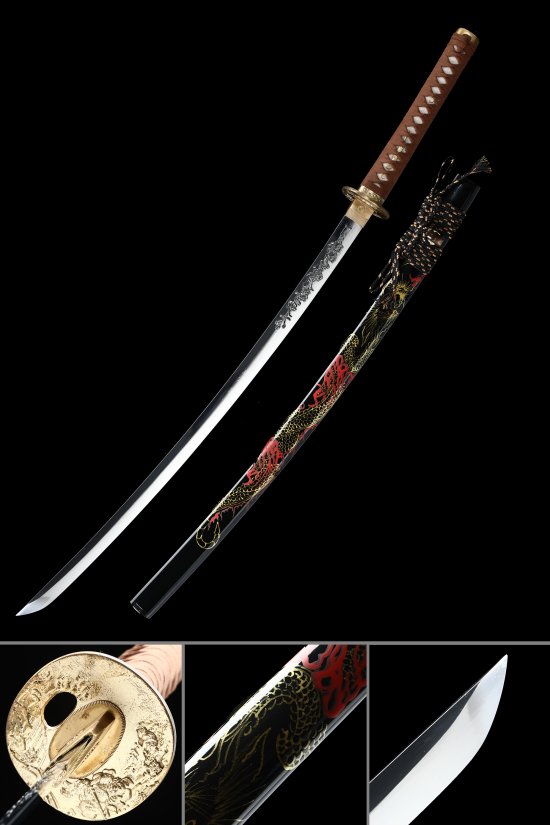 1095 Carbon Steel Katana with Dragon-Painted Black Saya in Brown Cord Handle - Collectible Replica