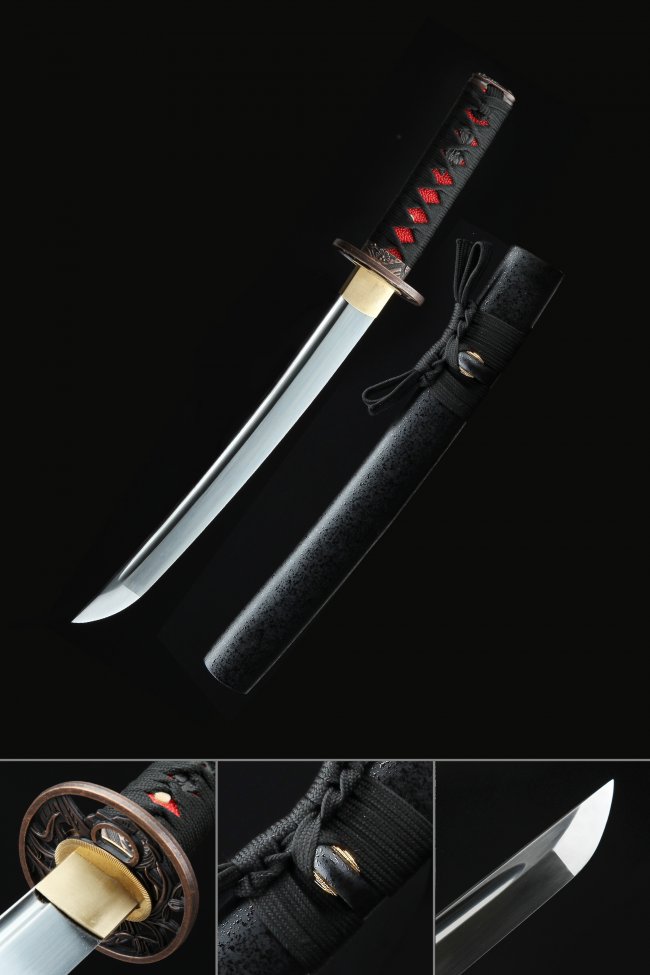 1045 Carbon Steel Tanto Sword with Black Ito Wrap, Red Samegawa and Bronze Orchid Tsuba - Full Tang