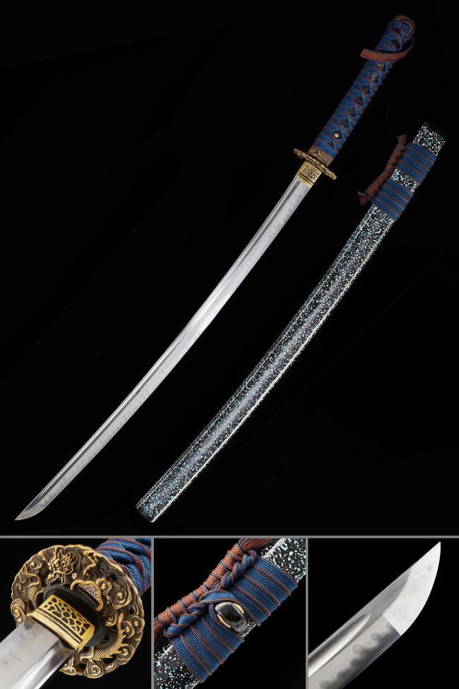 T10 Steel Katana with Dragon Tsuba in Gold - Blue Cord Handle & Speckled Saya