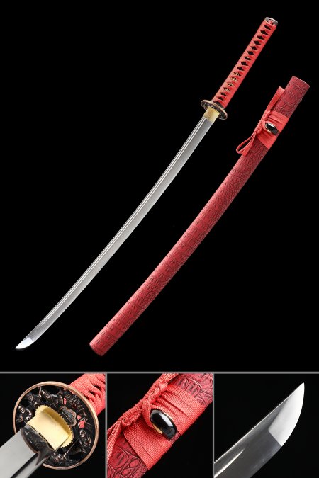 Handmade Japanese Katana Sword With Red Scabbard And Copper Tsuba