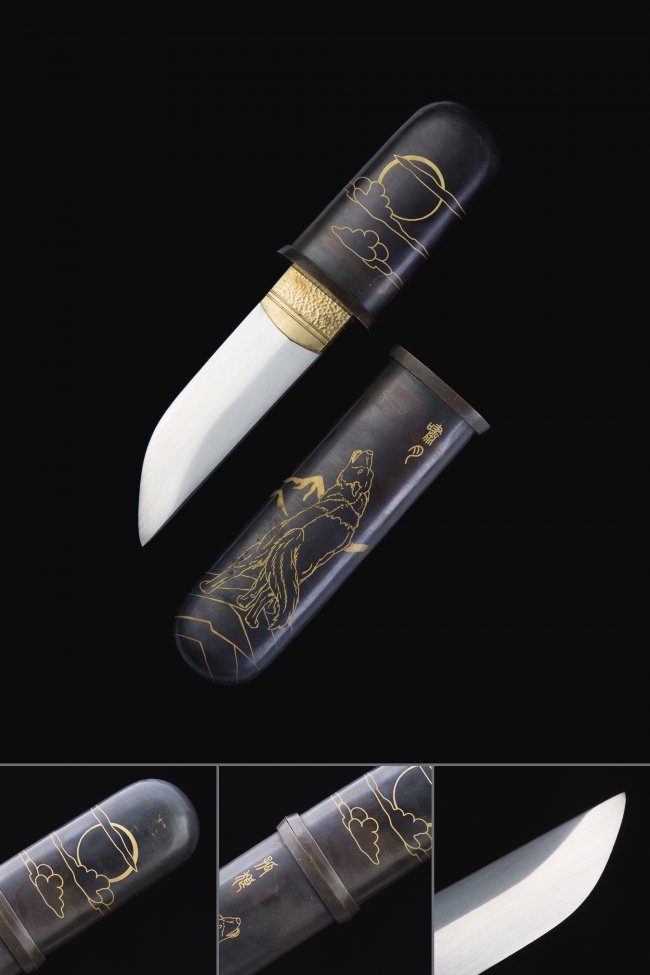 T10 Steel Pocket Tanto with Gold Wolf Engraved Copper Saya - Aikuchi Collectible in Black and Gold