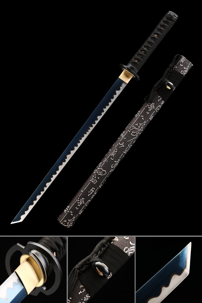 1045 Carbon Steel Ninjato with Blue Blade in Black Kanji Hardwood Saya - Full Tang Straight Ninja Sword