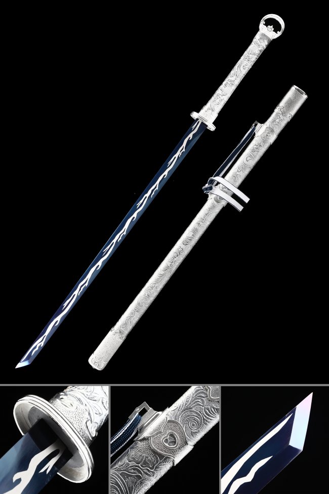 Manganese Steel Blue Blade Ninjato with Silver Dragon-Engraved Scabbard and Handle