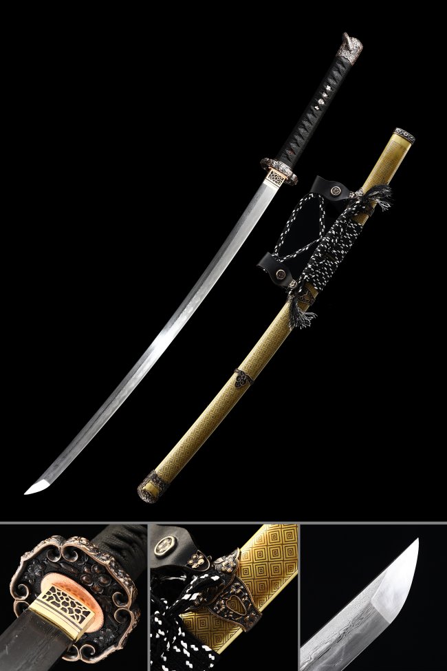 Damascus Steel Odachi Sword with Real Hamon, Black Tsuka & Gold Lacquer Saya - Ornate Bronze Tsuba