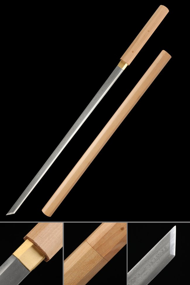 Folded Steel 1065 Carbon Steel Ninjato, Full Tang, Natural Wood Saya & Natural Wood Tsuka