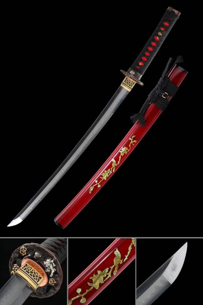 T10 Carbon Steel Wakizashi with Real Hamon - Red Dragon Saya, Black-Red Tsuka, Gold-Brown Tsuba