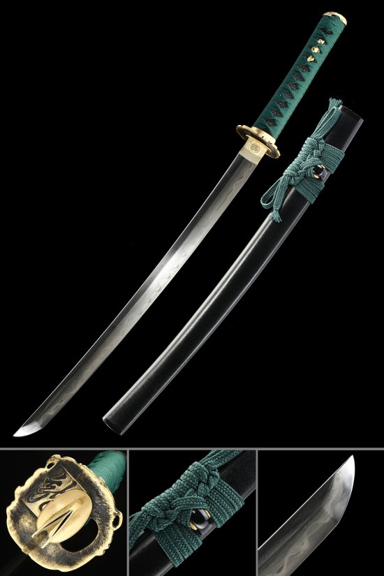Wakizashi with Folded Melaleuca Steel Blade, Dragon Tsuba in Gold, Green Ito & Black Lacquer Saya