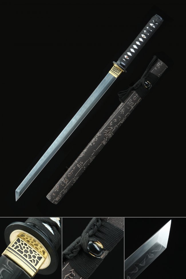 T10 Carbon Steel Chokuto Ninjato with Clay Tempered Hamon - Kanji Saya in Black and Brown Full Tang