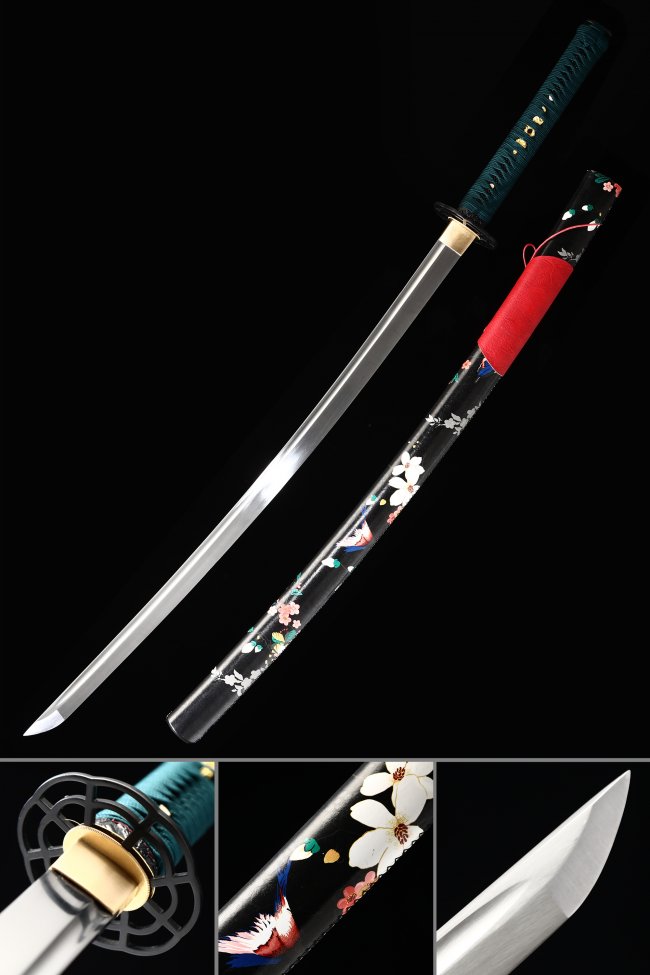 Manganese Steel Katana with Black Floral Lacquer Saya in Teal Cord Wrap