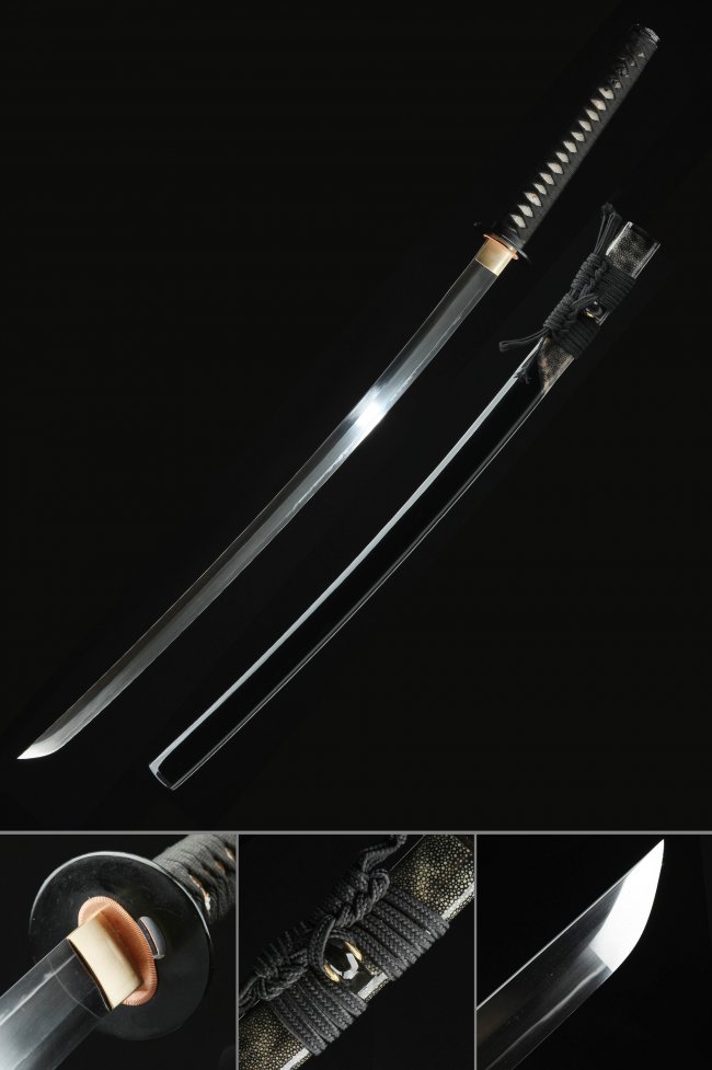 T10 Carbon Steel Black Katana with Clay Tempered Hamon in Piano Lacquer Saya - Full Tang Collectible Sword