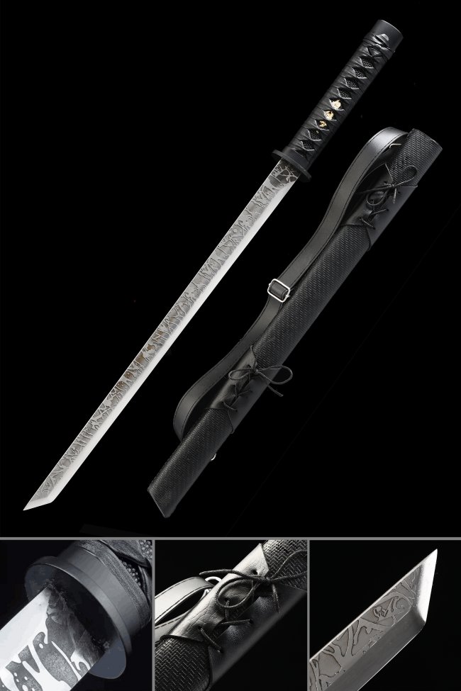 T10 Steel Clay-Tempered Ninjato Sword with Black Leather-Wrapped Saya and Alloy Tsuba