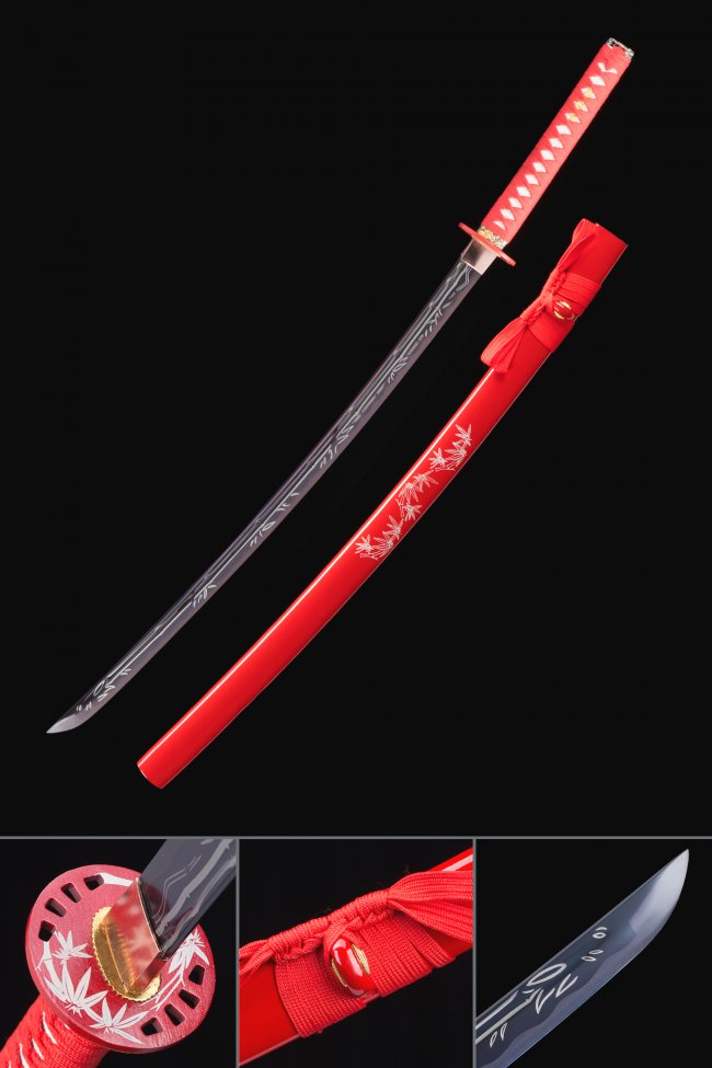 1045 Carbon Steel Katana with Red Lacquered Saya and Bamboo Leaf Engraving - Collectible Japanese Sword