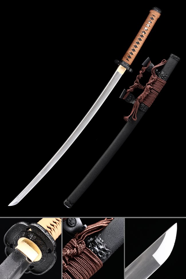 Damascus Steel Odachi Sword with Black Leather Saya, Brown Tsuka & Dark Red Sageo